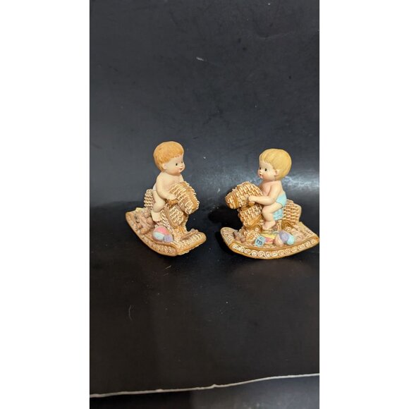 Two Resin Baby Figurines Riding Rocking Horse Vintage Decor 3.5" Nursery - Picture 5 of 8
